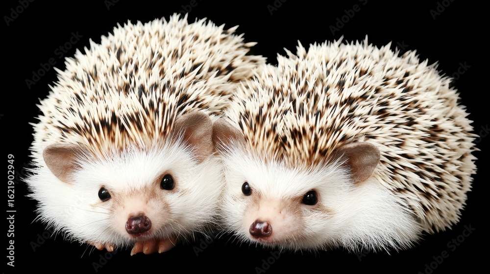 Obraz premium Two Adorable White and Beige Hedgehogs Huddle Together Against Black Background