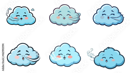 A set of blue cloud shaped cartoons