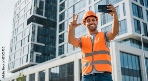 Cheerful construction worker taking selfie near modern building smiling brightly