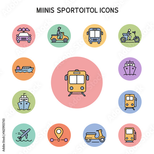 Colorful vector icons representing various modes of transportation, designed with circular backgrounds.