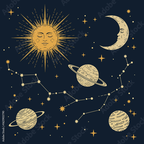 Celestial illustration featuring a smiling sun, crescent moon, planets, constellations, and stars.