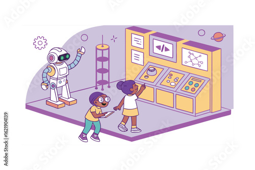 Curious Kids Explore AI Lab With Robots Demonstrating Educational Experiments and Science Concepts