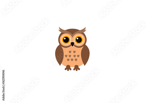 Adorable cartoon owl illustration with large expressive eyes, isolated on a white background. A charming flat design of a nocturnal bird.