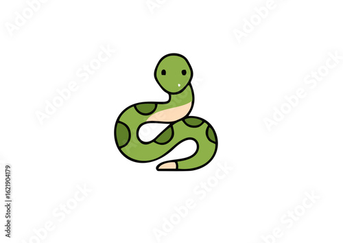 Adorable green snake cartoon character with spots, coiled in a friendly pose. A simple and cute reptile illustration isolated on a white background.