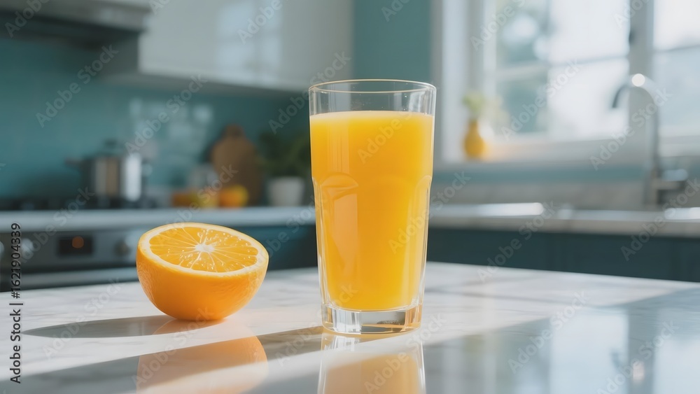 Fresh Orange Juice in a Glass with Half an Orange on a Kitchen Counter Fresh Orange Juice in a Glass with Half an Orange on a Kitchen Counter