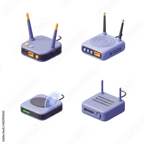 Collection of four isometric network routers and modems