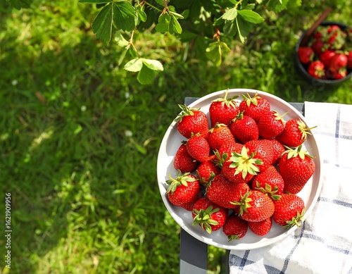 Fresh strawberries on a plate outdoors