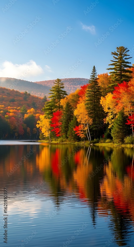 Obraz premium Vibrant autumn forest with colorful foliage reflected in a calm lake under a clear blue sky with wispy clouds