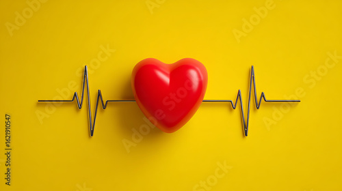 Bright red heart symbol on a vibrant yellow background with an electrocardiogram line