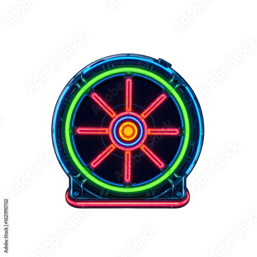 Vibrant neon wheel display urban setting visual art nighttime ambiance close-up view contemporary design