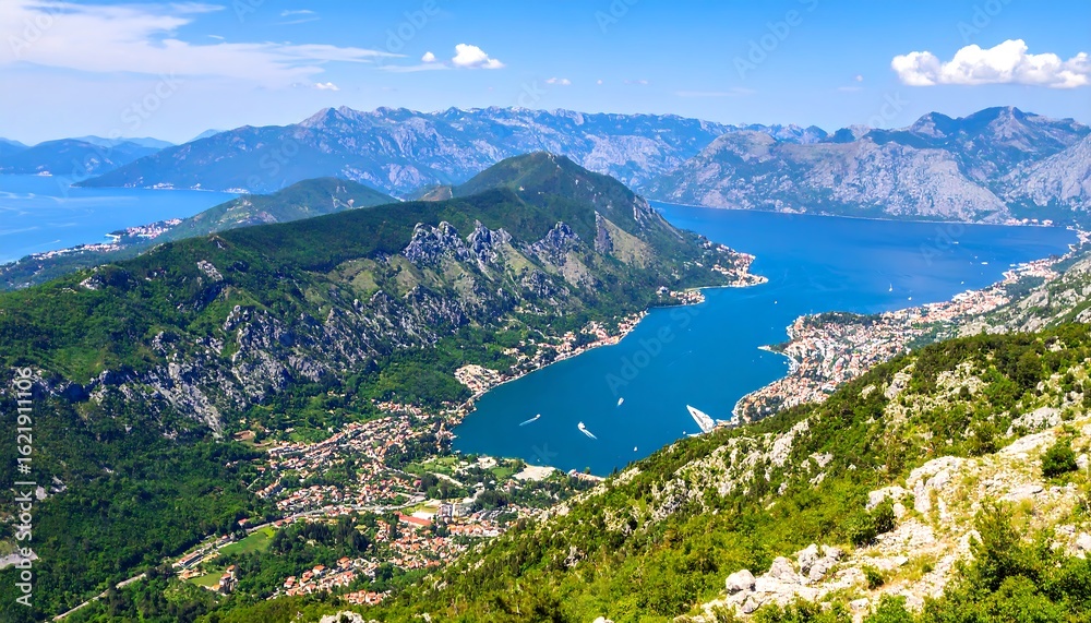 Panoramic vista of Kotor Bay Montenegro revealing a tapestry of nature and settlement Panoramic vista of Kotor Bay Montenegro revealing a tapestry of nature and settlement