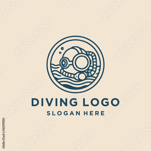 Dynamic diving logo with swimmer and ocean wave elements.