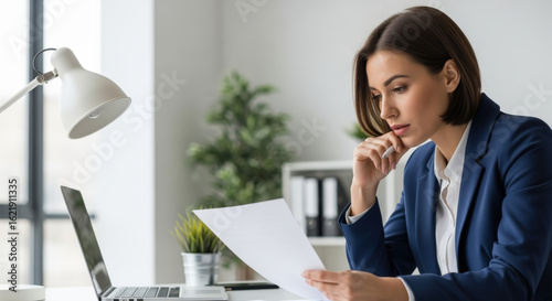 Businesswoman Reading Documents Thinking Working at Desk.