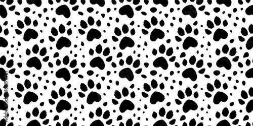 Dalmatian dog spotted pattern with black paws on white background. Abstract pattern background with black little dots and puppy paw prints