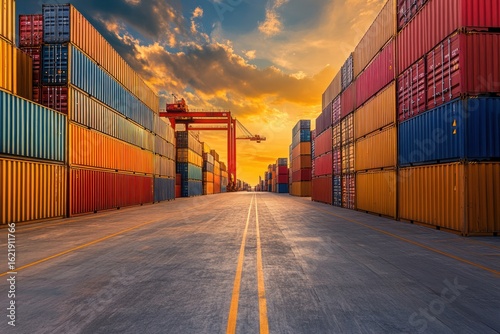 Commercial freight terminal scene with warm-colored containers stacked precisely