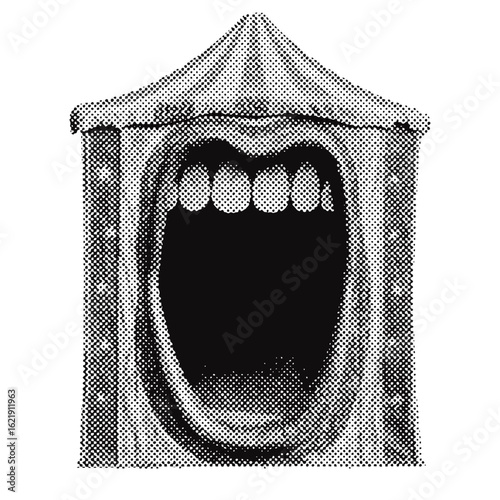Circus creepy mouth entrance tent halftone grunge vector design element
