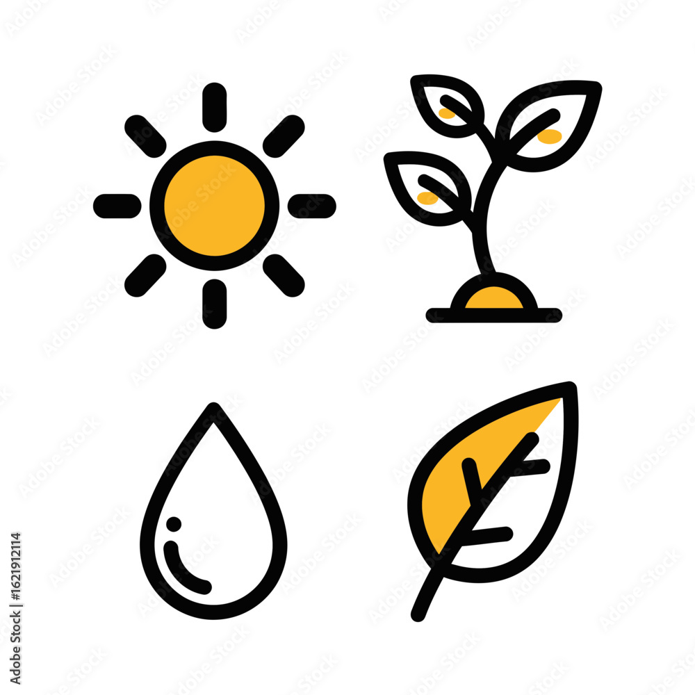 Obraz premium Vector Minimalist Flat SVG Icon Set with Nature Inspired Elements in Bright Colors for Web and App Design