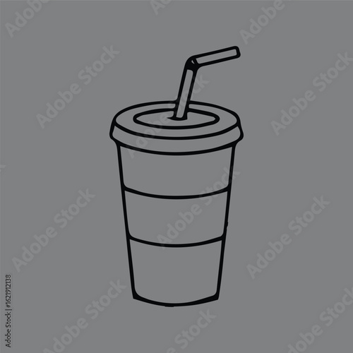 Simple black outline illustration of a takeaway soda cup with a lid and straw. Minimalist doodle for beverage and fast food concepts.