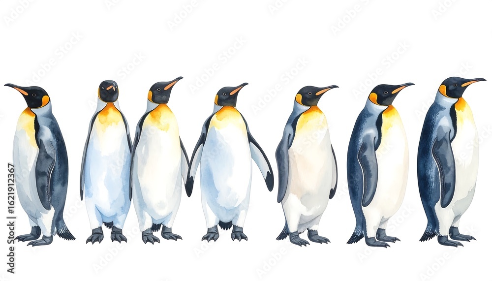 Fototapeta premium Watercolor Illustration of a Row of Emperor Penguins on a White Background