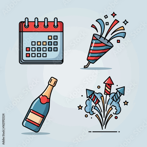Vector SVG Illustration of Celebration Fireworks and Party Elements in Flat Modern Style with Bright Colors