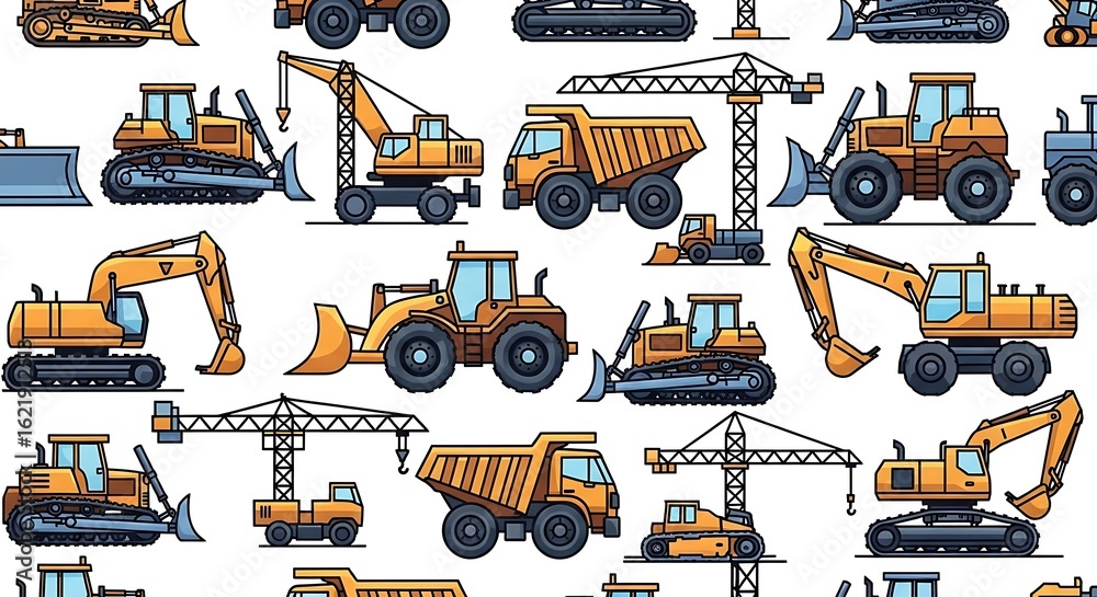 Construction vehicle seamless pattern featuring excavators, bulldozers, and cranes ideal for