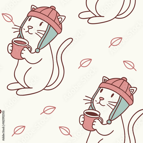 Seamless vector pattern featuring minimalist cats wearing fluffy ear-flap hats (ushankas, beanies with pompoms), holding warm coffee mugs. Pastel color scheme: dusty pink, cinnamon, oatmeal, and sky b