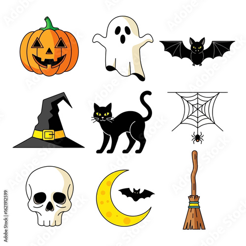 Halloween Vector SVG Icon Set with Spooky Ghost Pumpkin Bat and Spider Elements in Flat Design Style