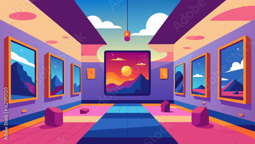 A room filled with oversized paintings creating an immersive experience.