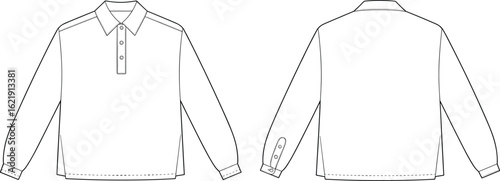 Unisex Long Sleeve Polo Shirt Technical Fashion Flat Sketch, Front and Back Views, Ideal for Sportswear, Casual Apparel, Basic Wear, and Customizable Garment Design Templates.