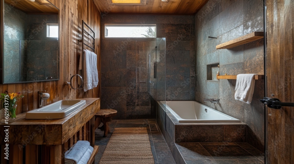 Naklejka premium Modern rustic bathroom interior with wooden walls and stone tiles