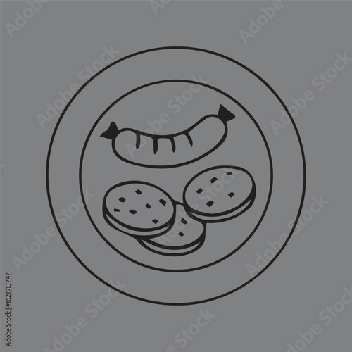 Minimalist outline icon of a plate with sausage and sliced salami. Simple black and white line art illustration of a meat platter or meal.