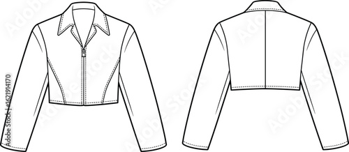 Women's Trendy Cropped Jacket Technical Fashion Flat Sketch with Zipper Closure and Collared Neckline, Front and Back Views, Ideal for Apparel Design, Layering, and Stylish Outfits.