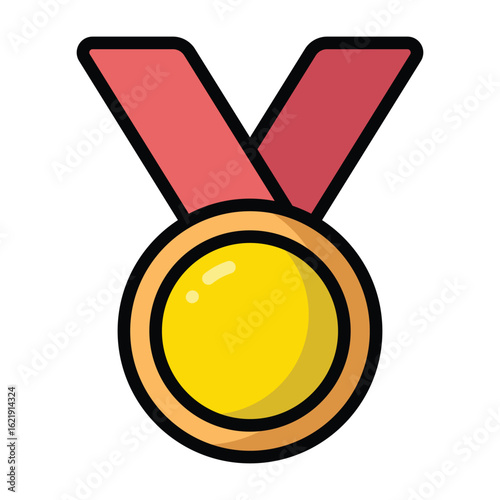 Shiny gold medal with red ribbon in flat cartoon style, bold outline, perfect for sports, competitions, achievements, awards, and celebration themes on white background.