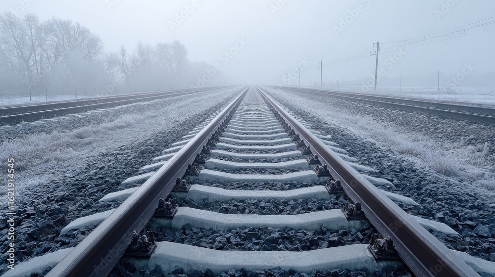 Fototapeta premium Railroad tracks covered in frost on a foggy winter day.