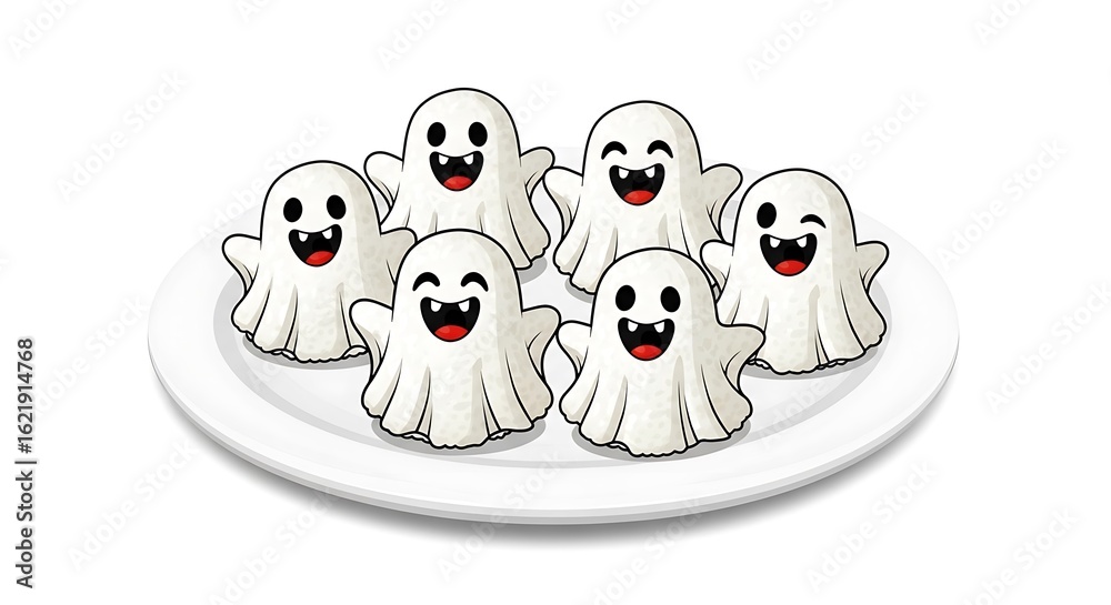 Obraz premium Six cartoon ghosts with smiling faces arranged on a white plate for a festive halloween treat idea