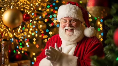 Cheerful Santa Claps Amid Festive Lights and Gold Baubles