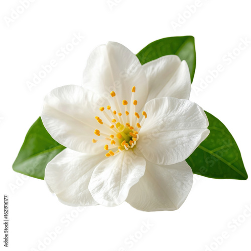 A close-up photograph of a delicate white jasmine flower with its glossy green leaves