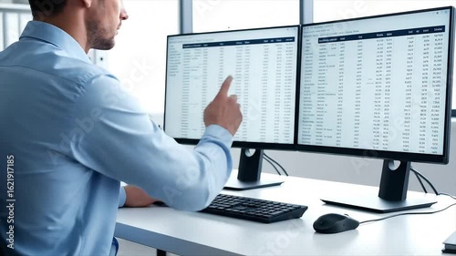 Professional analyst working with financial data on a dual monitor computer setup, pointing at a spreadsheet in a modern office