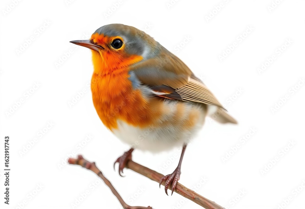 Fototapeta premium A vibrant European robin, Erithacus rubecula, perched on a stark white background, branch, bird