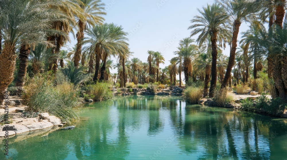 Obraz premium Tranquil oasis with palm trees and a crystal-clear spring.