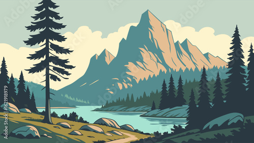 Vintage Mountain Lake Landscape Art Print Retro Style Illustration Nature Scene Poster Calm Serenity Hiking Trail