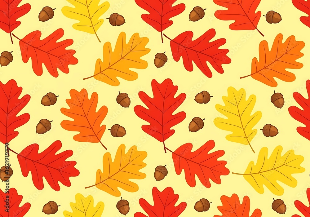 Fototapeta premium Vibrant seamless pattern of colorful autumn oak leaves and acorns on a light yellow background, ideal for seasonal decor