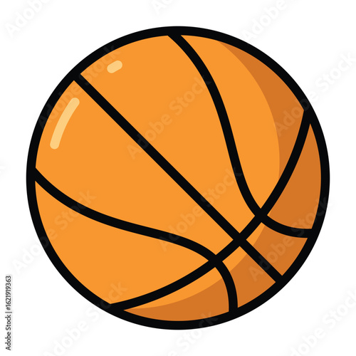 An orange basketball with bold black lines in a playful flat cartoon style. Perfect for sports, fitness, youth themes, school materials, or recreation and hobby-related designs.