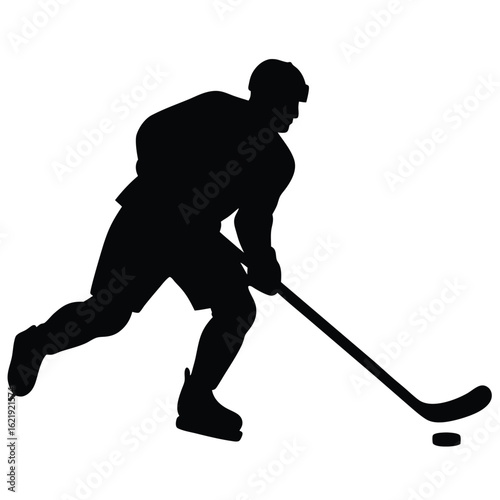 Black silhouette of a hockey player with puck white