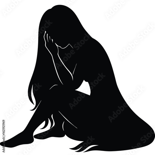 Black silhouette woman sitting head in hands vector