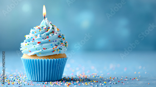 A beautifully decorated blue cupcake with sprinkles and a lit candle on a soft blue background