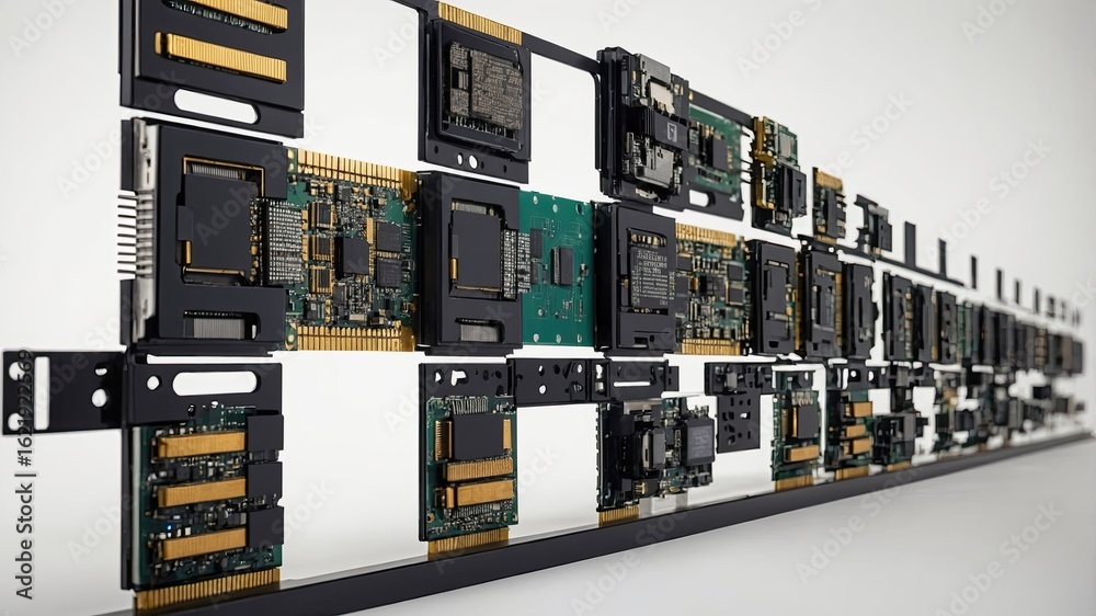 Obraz premium Innovative Computer Hardware Display Featuring Circuit Boards and Components
