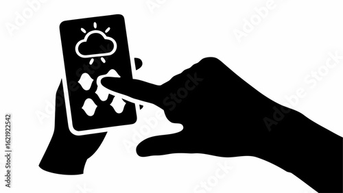 Hand using weather app on smartphone with cloud and rain icons displayed on the screen interface view silhouette