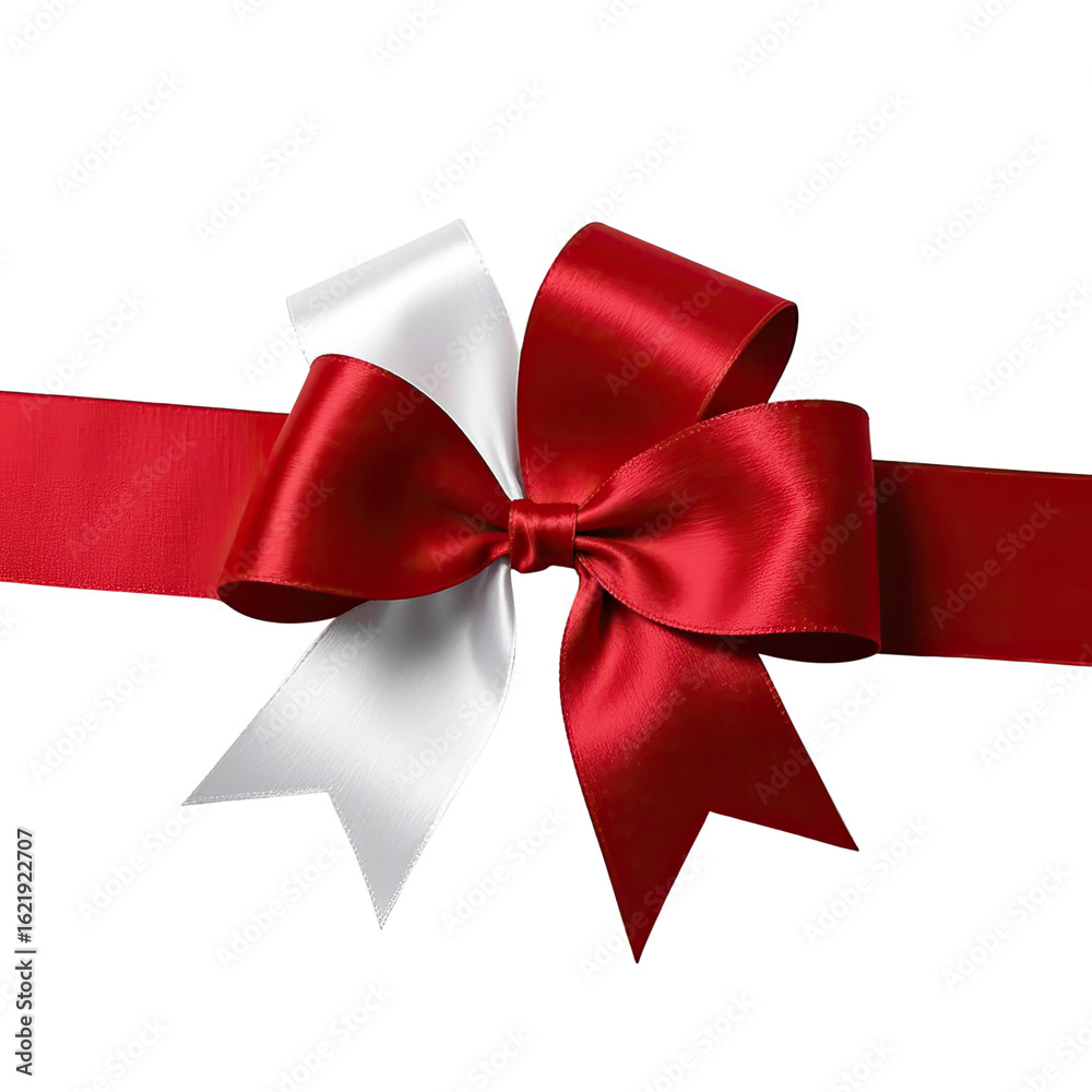 Fototapeta premium Elegant Red Satin Bow with White Edges Decorative Ribbon for Celebration, Gift Wrapping, and Festive Design, Generative AI