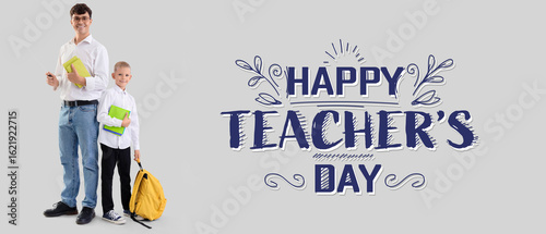 Male teacher with books and little schoolboy on light background